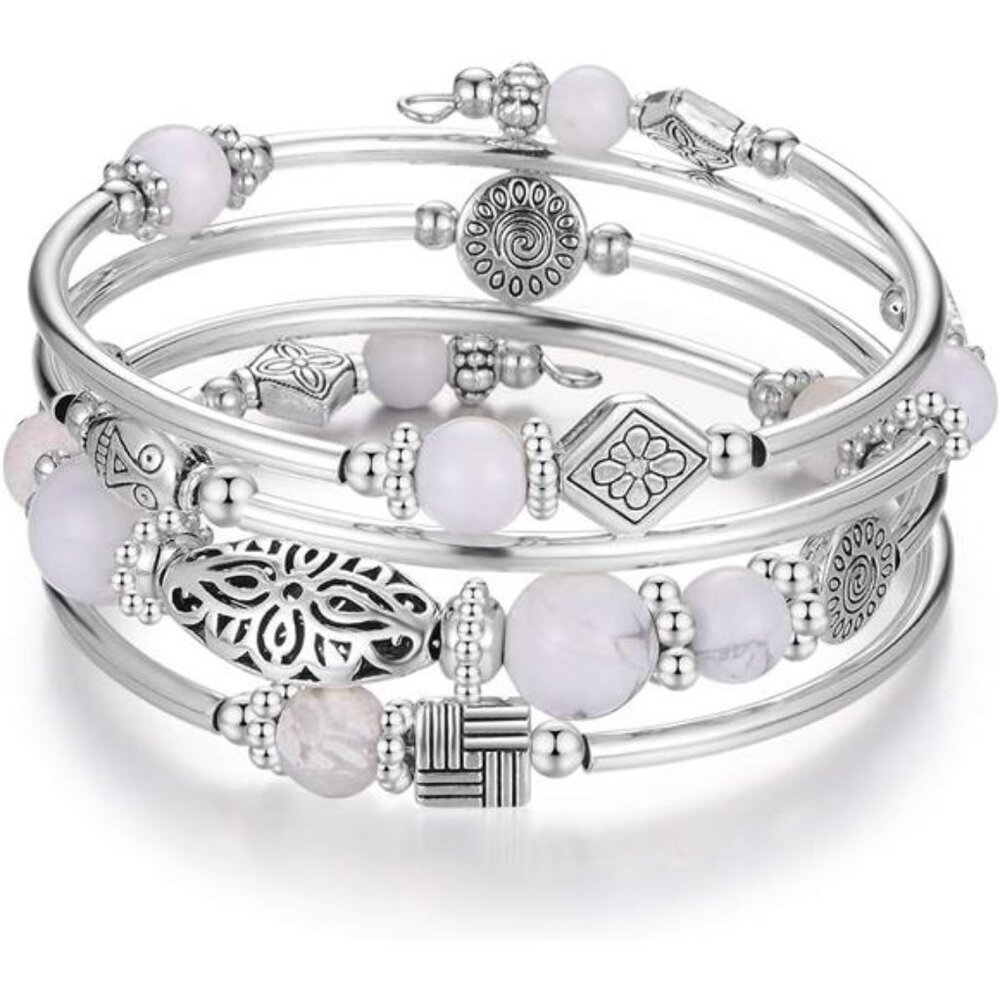 Layered Silver Wrap Bracelet - Beaded Bangle with Natural Agate Stone, Gifts